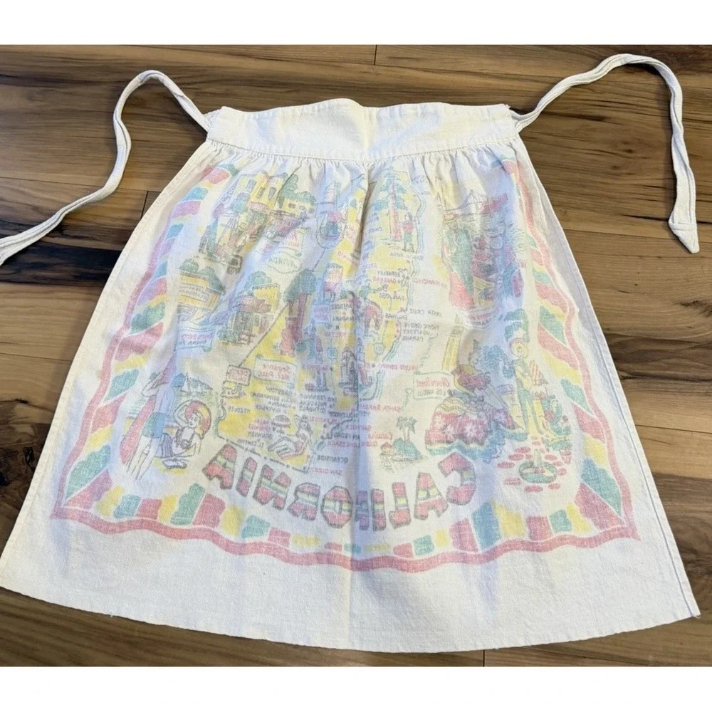 Vtg California Souvenir Apron Skirt Map Print Novelty Travel Linen Blend Kitschy